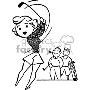 Black and white clipart of a woman swinging a golf club with two men standing in the background. The woman is in mid-swing, and the men are smiling while holding golf equipment.