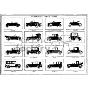 This clipart image displays a variety of automobile forms from a vintage perspective. It includes illustrations of vehicles such as a Roadster, Speedster, Four Passenger Roadster, Runabout, Touring Car, Victoria, Cabriolet, Electric Brougham, Sedan, Touring Sedan, Coupe, Touring Coupe, Limousine, Berlin, Brougham, and Landaulet.