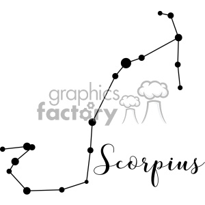 This clipart image depicts the constellation of Scorpius, represented by a series of connected black dots and lines. The name 'Scorpius' is written in a stylish cursive font below the constellation.