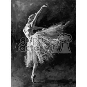 Black and white clipart image of a ballerina in a graceful pose, wearing a tutu and performing a ballet step on pointe.