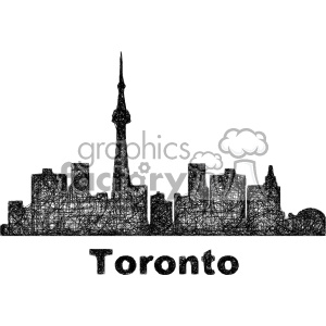 Clipart image of the Toronto skyline, with intricate, scribble-style lines representing the buildings and the iconic CN Tower, accompanied by the text 'Toronto' below.