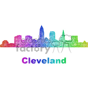 Clipart image of the Cleveland skyline with a colorful, scribbled texture and the word 'Cleveland' written below it.