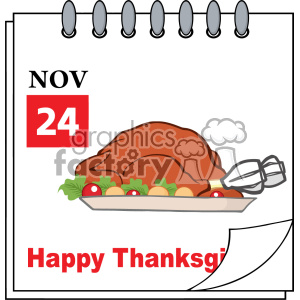 A clipart image of a calendar page with a roast turkey on a platter, featuring the date November 24 and the message 'Happy Thanksgiving'.