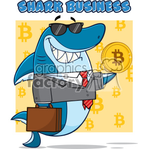   This clipart image features an anthropomorphized shark character dressed in business attire including a gray suit, white shirt, and a red tie. The shark is also wearing sunglasses and has a big, friendly smile. To add to the business theme, the shark is carrying a brown briefcase. The background has a pattern of Bitcoin currency symbols, indicating a likely connection to finance or cryptocurrency. In the shark