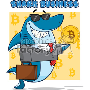 This clipart image features an anthropomorphized shark character dressed in business attire including a gray suit, white shirt, and a red tie. The shark is also wearing sunglasses and has a big, friendly smile. To add to the business theme, the shark is carrying a brown briefcase. The background has a pattern of Bitcoin currency symbols, indicating a likely connection to finance or cryptocurrency. In the shark's right fin, it's holding a large gold coin with the Bitcoin symbol, further emphasizing the business and cryptocurrency theme.