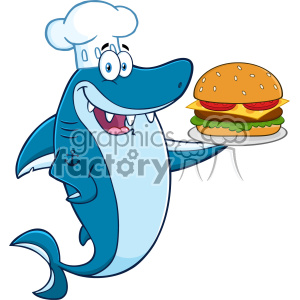   This clipart image features a cartoon-style illustration of a cheerful blue shark wearing a white chef