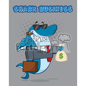   This image features a cartoon shark character dressed in a business suit, complete with a white shirt and red tie, exuding a confident and professional vibe. The shark is wearing sunglasses and carrying a brown briefcase in one of its fins, symbolizing a typical businessperson. In its other fin, the shark is holding a bag of money, suggesting success in business dealings. The background is a simple grey with a dotted pattern, and the words SHARK BUSINESS are prominently displayed at the top in bold blue letters, reinforcing the idea of a shrewd and successful business entity often associated with the term 