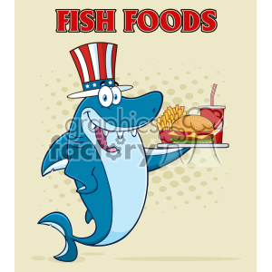   The clipart image features a cartoon shark character wearing a hat with red and white stripes and blue with white stars, reminiscent of the United States flag. The shark has a big smile and is holding a tray with fast food items - a burger, a cup of soda with a straw, and a portion of French fries. In the background, there