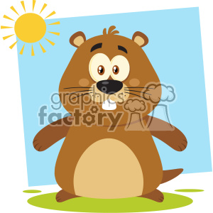   The clipart image features a cartoon groundhog. The character is standing on a patch of green grass with a smiling expression. Behind it, there