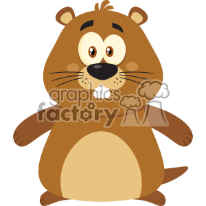   The image shows a cartoon clipart of a groundhog. The groundhog has a funny and cute expression with large eyes, a prominent front tooth, and a cartoonish look. It features a chubby, brown body with a lighter colored belly, small ears, whiskers, and a tail. 