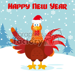 The clipart image depicts a cartoon rooster character dressed in a Santa hat standing in a snowy landscape with snow falling around. There are snow-covered trees in the background, and the phrase Happy New Year is displayed at the top in a festive red font.