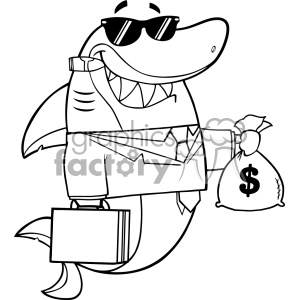 The image depicts a cartoonish shark character designed to have human-like qualities. The shark is standing upright and is wearing a suit with a tie. It has a big grin, showcasing a mouth full of sharp teeth. The character is also wearing sunglasses and holding a briefcase in one fin, while the other fin is holding onto a bag with a dollar sign on it, suggesting a theme related to business or finance.