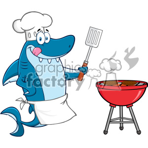 The image is a colorful clipart depicting a cartoon shark character acting as a chef. This friendly-looking shark is dressed in a chef's hat and apron, holding a spatula, and grilling on a barbecue. The shark has a big smile, and there are two steaks cooking on the grill with smoke rising from them.