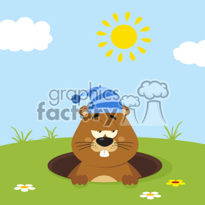   The clipart image features a cartoon-style, whimsical groundhog character emerging from a hole in the ground. The groundhog is wearing a blue and white striped sleeping cap with a pompom on the end. It is a sunny day with a clear blue sky, a bright yellow sun, white clouds, and greenery around including grass and a few flowers. 