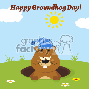 The image features a cartoon character of a groundhog wearing a blue and white striped winter cap, emerging from a brown hole in the ground. The groundhog looks cheerful and is placed in a grassy area with a few daisy flowers around. Above the groundhog, the text Happy Groundhog Day! is visible, and the background depicts a clear blue sky, a white cloud to the left, and a bright yellow sun to the right.