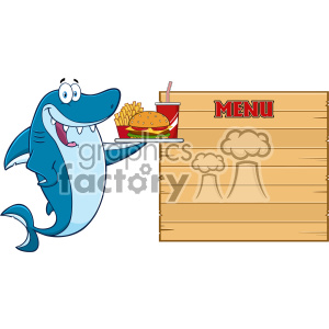 The clipart image features a cartoon shark character holding a tray with a burger, fries, and a drink next to a wooden menu board with the word MENU written on top. The shark appears to be in a hospitable pose, as if it is a waiter or mascot for a restaurant, ready to serve food.