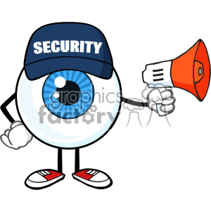   Blue Eyeball Cartoon Mascot Character Security Guard Using A Megaphone Vector 