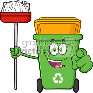   Open Green Recycle Bin Cartoon Mascot Character Holding A Broom And Pointing For Clining Vector 