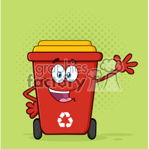 Happy Red Recycle Bin Cartoon Mascot Character Waving For Greeting Vector With Green Halftone Background