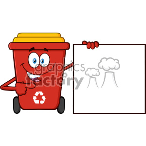   Talking Red Recycle Bin Cartoon Mascot Character Pointing To A Blank Sign Banner Vector 