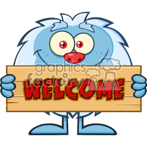   Cute Little Yeti Cartoon Mascot Character Holding Welcome Wooden Sign Vector 