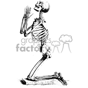 A black and white clipart image of a human skeleton kneeling with hands together, appearing to be in a praying position.