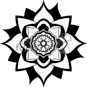 A black and white mandala design featuring a symmetrical floral pattern with intricate details.