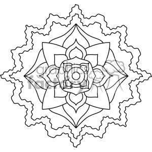 Intricate black and white mandala design with wavy outer border and symmetrical patterns