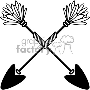 A monochrome clipart image of two crossed arrows with feathered fletching and pointed arrowheads.