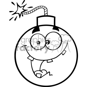A black and white clipart image of a cartoon bomb with a face, featuring large eyes, a big grin, and a lit fuse.