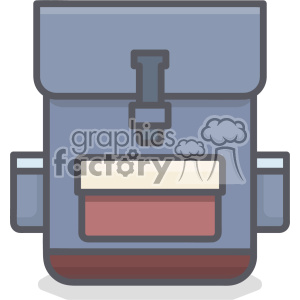 A stylized clipart image of a blue and brown backpack, featuring multiple pockets and a buckle closure.