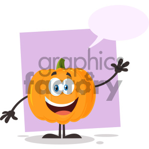 Happy Orange Pumpkin Vegetables Cartoon Emoji Character Waving For Greeting Vector Illustration Flat Design Style Isolated On White Background With Speech Bubble