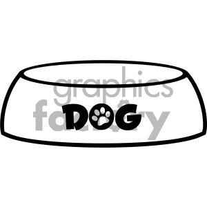 A black and white clipart image of a dog bowl with the word 'DOG' and a paw print in the center.