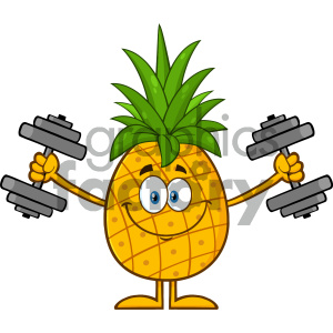 Royalty Free RF Clipart Illustration Smiling Pineapple Fruit With Green Leafs Cartoon Mascot Character Training With Dumbbells Vector Illustration Isolated On White Background