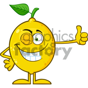 Royalty Free RF Clipart Illustration Winking Yellow Lemon Fresh Fruit With Green Leaf Cartoon Mascot Character Giving A Thumb Up Vector Illustration Isolated On White Background