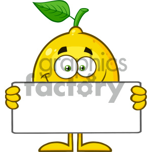 Royalty Free RF Clipart Illustration Smiling Yellow Lemon Fresh Fruit With Green Leaf Cartoon Mascot Character Holding A Blank Sign Vector Illustration Isolated On White Background