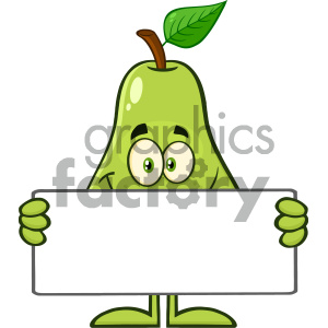 Royalty Free RF Clipart Illustration Smiling Pear Fruit With Green Leaf Cartoon Mascot Character Holding A Blank Sign Vector Illustration Isolated On White Background