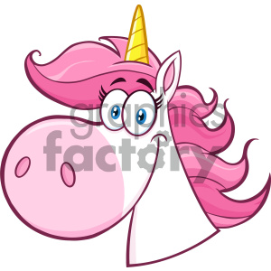 The clipart image features a cartoon illustration of a unicorn. Notable characteristics include a prominent, golden horn; big, expressive, blue eyes; a mane and tail with various shades of pink, suggesting motion or wind; and a large, pink nose. The unicorn's facial expression indicates a friendly or cheerful demeanor.
