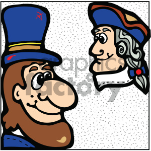 Cartoonish representation of two historical figures facing each other, wearing traditional American Revolutionary era hats.