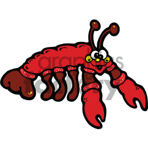 The image features a stylized cartoon lobster with a prominent red color, accentuated with dark outlines. The lobster has a whimsical appearance with a smiling face, large cartoonish eyes on stalks, and a patterned shell. Its claws are oversized with speckled details, and its legs and tail have a simplified design. The cartoon uses bright, friendly colors to make the character appear playful and approachable.