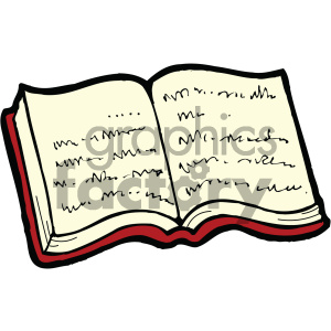 Clipart illustration of an open book with text, symbolizing reading and education.