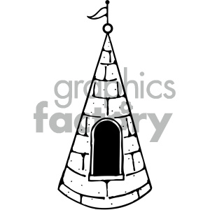 A black and white clipart image of a conical castle tower with a small flag at the top and an arched window or entrance.
