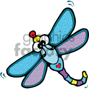 Colorful cartoon dragonfly with large blue and purple wings, expressive eyes, and a playful appearance.