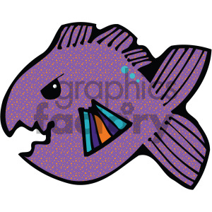   The image appears to be a stylized illustration of a purple fish with a pattern of small orange dots sprinkled across its body. The fish has prominent fins, with a striped pattern, and a tail. Its gills are depicted in a colorful abstract shape consisting of blue, purple, orange, and black sections. The fish has a simple, round black eye, adding to its cartoonish appearance. 