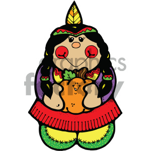 A cute, stylized cartoon of a character in traditional attire, holding a pumpkin, with colorful details including a feather headpiece.