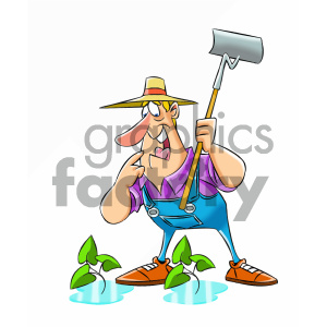 Clipart image of a farmer wearing a hat and overalls, holding a hoe and standing next to sprouting plants.