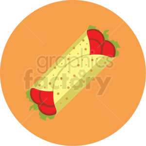 Clipart image of a burrito wrapped in a tortilla with visible red and green fillings, set on an orange circular background.