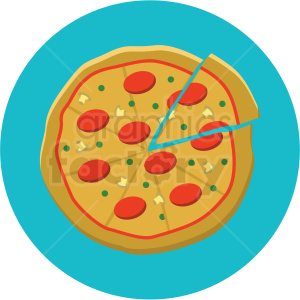 Clipart image of a pizza with toppings including pepperoni, mushrooms, and green peppers, with one slice slightly separated.