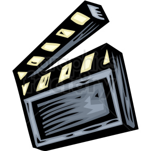 A stylized illustration of a movie clapperboard, often used in film production to mark scenes and takes.