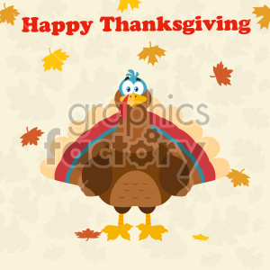 A cheerful cartoon turkey with colorful feathers surrounded by falling autumn leaves, with the text 'Happy Thanksgiving' at the top.